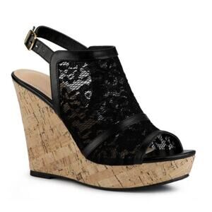 Fergalicious by Fergie Lace Peep Toe Wedge Heel Sandals Slingback Black Womens 5